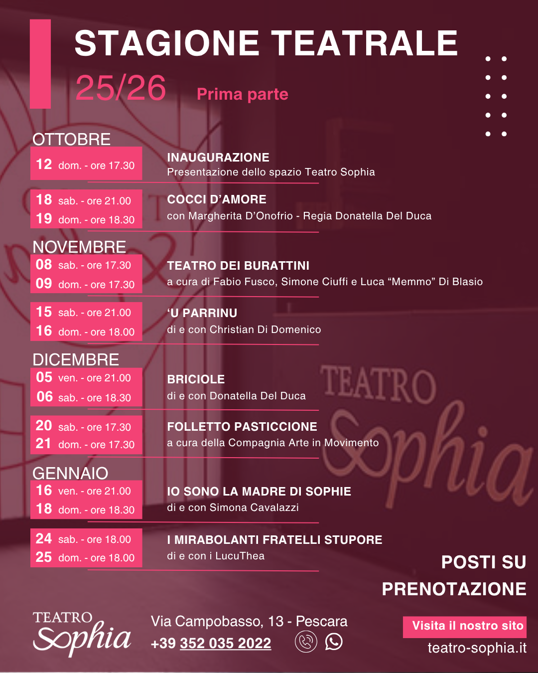 Elenco spettacoli per la prima parte della stagione teatrale 2025/2026 di Teatro Sophia